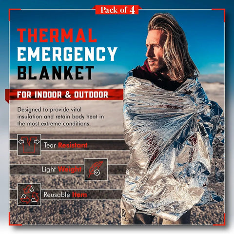 4 Pack Space Mylar Blankets For Survival Gear And Cold Weather Warmth shown wrapped around person outdoors