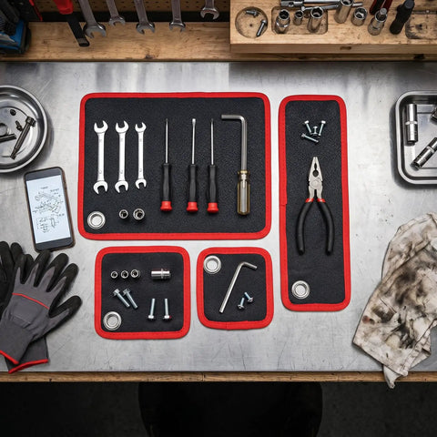 Magnetic Tool Mat 4 Pack Flexible Holds Tools Tight With 40Lb Magnetic Power Keeps Screwdrivers, Wrenches, Bolts Secure On Tilt Or Vibration, Ultimate Workbench Organizer For Garage And Shop, four black red mats on metal bench