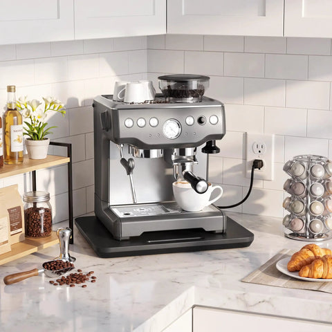 Slick Low Profile Kitchen Counter Organizer With Smooth Glide Slide Out Tray For Coffee Makers And Espresso Machines Saves Precious Counter Space Easy Cabinet Clearance Game Changer with espresso machine and coffee accessories.