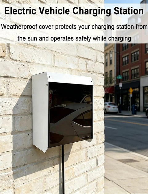 Badass EV Charger Cover And Weatherproof Roof Canopy For Outdoor Charging Stations Universal Galvanized Steel Shield mounted on wall.