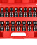 Red case holding the Three-Eighths Inch Drive Shallow Impact Universal Joint Socket Set, 15-Piece, Metric Swivel Sockets From 8mm To 22mm.