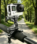 3 Way Adjustable Action Camera Pivot Arm Kit With Long And Short Extensions, Same And Vertical Direction Joints, Polycarbonate Mounts, Includes Four Long And Short Pivot Arms And Four Thumbscrews For Flex Shot Angles mounted on handlebar