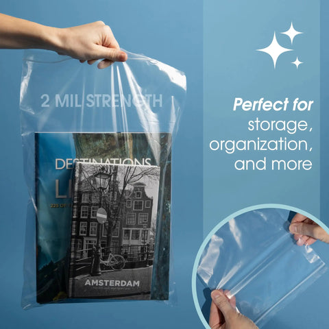 Heavy Duty Clear Sealable Zip Pouches 100 Pack 13 By 18 Inch Airtight Storage Bags For Merchandise Packaging And Shipping Supplies Tough As Nails And Go To Thick Virgin Ldpe Construction Water Resistant Closure showcasing magazines inside a clear bag.