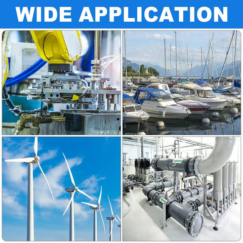 Wide application showcasing reliable automation, marine, wind energy, and industrial piping systems in various settings.