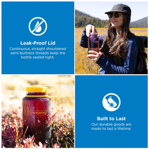 Rugged 32 Oz Wide Mouth Reusable Water Bottle With Tight Seal Black Lid For Travel Workout And Trail Runs shown outdoors with condensation.