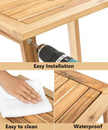 Solid Acacia Wood Side Table With Two Tier Storage For Indoor And Outdoor Use No Fuss Assembly shown during assembly