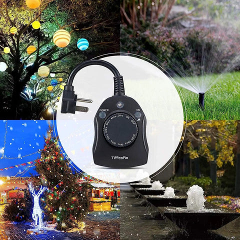 Heavy Duty Outdoor Christmas Light Timer Featuring Dusk to Dawn Sensor Technology and All Weather Waterproof Construction Hella Snug Fit 2 Grounded Outlets Rated at 15 Amps plus Half HP Draw Adjustable Countdown Modes 2 Pack Set for Holiday Decor with rotary dial and dual outlets.