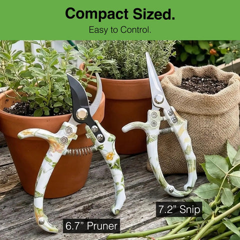 Two Pack Pruning Shears For Garden Work, 6.7-Inch Bypass Pruner And 7.2-Inch Straight Snips displayed beside potted plants.