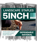 Heavy Duty 5 Inch Galvanized Landscape Staples Pack Of 80 for weed barrier fabric with person installing in soil