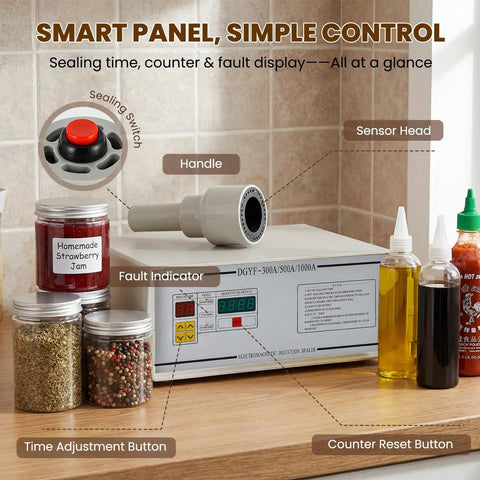 Handheld Induction Sealer For Flat And Spout Caps 10 To 50 mm Portable Bottle Finisher 110V with control panel and jars.