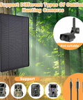 Hella Durable Plug And Hunt Ready 6W Solar Panel For Trail Cameras And Outdoor Gear mounted on a tree in forest.