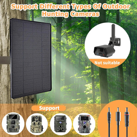 Hella Durable Plug And Hunt Ready 6W Solar Panel For Trail Cameras And Outdoor Gear mounted on a tree in forest.