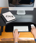 32 Inch Height Adjustable Standing Desk Converter With Slide Out Keyboard Tray and Dual Monitor Riser in use with computer setup