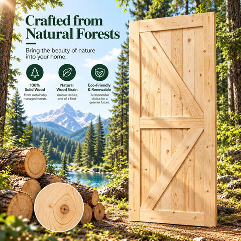 Unfinished 42 Inch by 84 Inch British Brace Knotty Barn Door with Double Sided Finish Made of Solid Canadian Spruce Includes Sliding Hardware Kit standing in a forest.