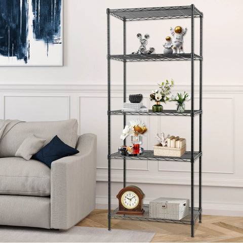 Five Tier Heavy Duty Wire Shelving Unit With Adjustable Metal Storage Rack For Garage And Pantry NSF Certified in black, holding decor and plants.
