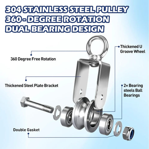 Pro Grade 48mm V Groove Cable Pulley Wheel With Swivel Joints And Dual Ball Bearings showcasing dual bearing design and thickened steel components.