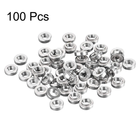 Top Shelf 8-32 Stainless Steel Self-Clinching Rivet Nuts, Round Head Sheet Metal Hardware Fasteners, 100 pack on a white background.