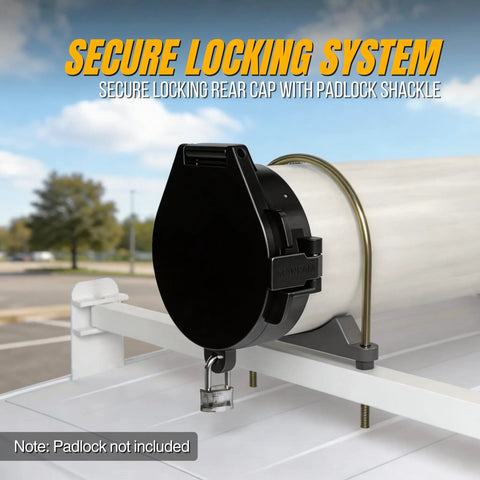 6 Inch Diameter PVC Conduit Carrier Kit Black With Mounting Hardware showing rear cap with padlock shackle on roof rack