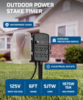 Top Notch Outdoor Power Stake Timer With Waterproof Shell And Automatic Dusk To Dawn Scheduling delivers six grounded outlets on a timer.