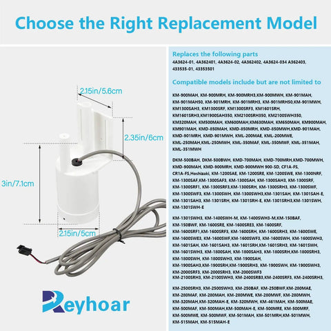 Float Switch Replacement Part For Hoshizaki Ice Machines 4A3624-03 Compatible With 4A3624-01, dimensions and models shown.