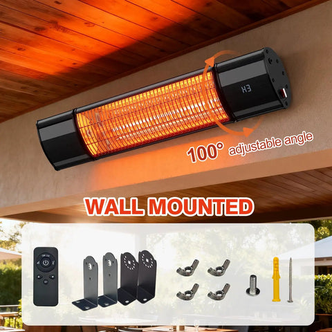 Outdoor Patio Heater With Remote Control And Built In Temperature Control 1500W Hanging Or Ceiling Or Wall Mounted For Indoor And Outdoor Use IP55 Weatherproof Black, wall mounted with remote and adjustable angle.