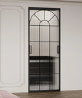 Hardcore Interior Sliding Barn Door Featuring Textured Reeded Glass Panels And Matte Black Frame Hidden Wall Track Kit Saves Wall Space And Moves Like Butter In Any Room Setup, front view.