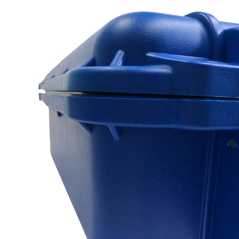 Close-up of blue lockable MIG GMAW Wire Storage Case Lockable Airtight Lightweight Organizer for welders