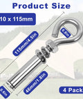 Product size of Heavy Duty Expansion Eye Bolts Four Pack With Drill Bit For Concrete Walls, M10 x 115mm, shown for rigging work.