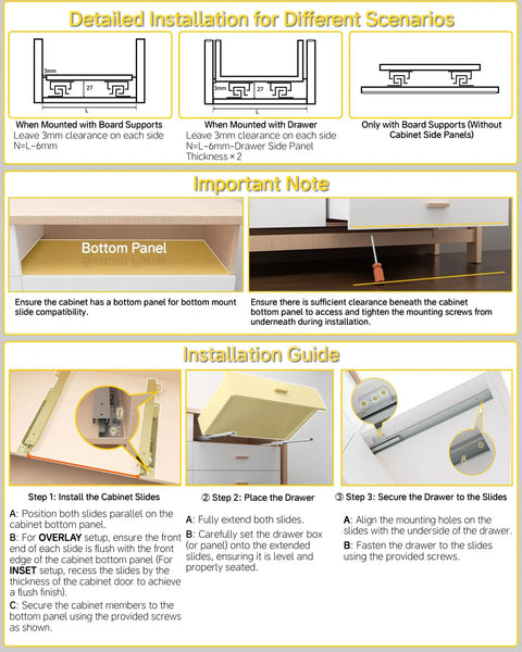 Installation guide for Tough As Nails Soft Close Bottom Mount Drawer Slides Full Extension 16 Inch showing steps and notes.