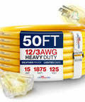 Fifty Foot Heavy Duty Outdoor Extension Cord In Bright Yellow with lighted plug, 12 gauge, waterproof for tough jobs.