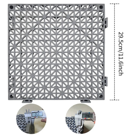 Close-up of a single 12 Pack Modular Interlocking Cushion Rubber Floor Mats 11.6 Inch Square Tiles For Pool Deck Patio Balcony Yard Pet Area Drainage Wash Pad Gray Non Slip Surface For Wet Areas Durable Flexible And Easy To Install with size measurements and thickness details.