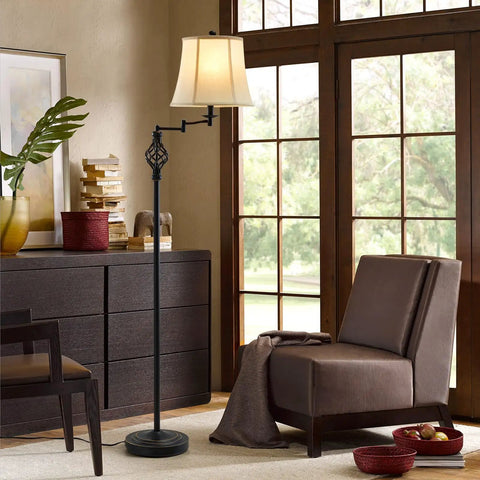 Dimmable LED Pharmacy Floor Lamp With Full Range Dimming For Living Room And Bedroom Adjustable Height Standing Lamp With 350 Degree Swing Arm For Maximum Flexibility And Easy Targeted Lighting in cozy reading nook next to armchair.