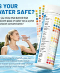 25 In 1 Drinking Water Test Kit Arrives With 155 Strips Plus 2 Bacteria Tests For Tackling pH hardness chlorine lead iron copper nitrate nitrite fluoride sulfate ammonia phosphate with Hella fast dead sure home results. Image featuring a woman drinking water, kit's strips and tests visible.
