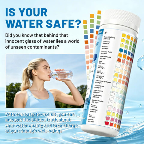 25 In 1 Drinking Water Test Kit Arrives With 155 Strips Plus 2 Bacteria Tests For Tackling pH hardness chlorine lead iron copper nitrate nitrite fluoride sulfate ammonia phosphate with Hella fast dead sure home results. Image featuring a woman drinking water, kit's strips and tests visible.