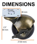 Heavy Duty Swivel Furniture Casters With Brake Set Of 4 Tough 2 Inch Ball Wheels Knockout Antique Brass Plate Mount Wheels close-up of dimensions.