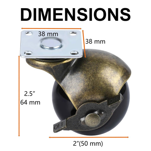 Heavy Duty Swivel Furniture Casters With Brake Set Of 4 Tough 2 Inch Ball Wheels Knockout Antique Brass Plate Mount Wheels close-up of dimensions.