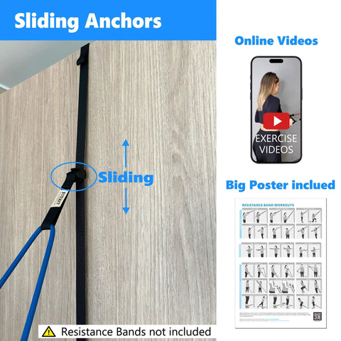 Slick Sliding Door Anchor For Resistance Bands Featuring legit height adjustments, showcasing sliding mechanism and included workout poster.