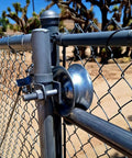 Close-up of Heavy Duty Five Inch Steel Sliding Gate Rollers Galvanized Pipe Track Wheels Fit One Point Five Eight Inch Frames.