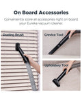 Front collage of Eureka PowerSpeed vacuum on-board accessories: dusting brush, crevice tool, and upholstery tool.