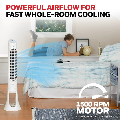 Keep The House Chilled Lowkey Whisper Quiet Oscillating Tower Fan With Full Digital Remote Control Large Room Air Circulator In Sleek White Finish, shown near a child reading, cooling room efficiently.