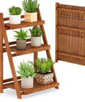 Foldable 3 Tier Ladder Plant Stand Made Of Solid Wood for indoor outdoor use with plants, showing folded and open views.