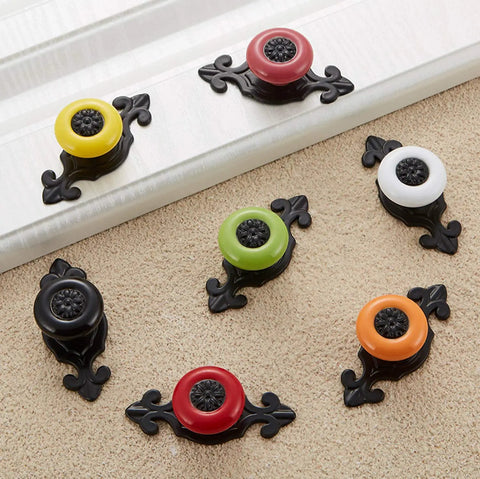 Simple Ceramic Dresser Knobs With Vintage Backplate Drawer Pulls 10 Pack Featuring Slick Zinc Alloy Base for colorful ceramic knobs on a light background.