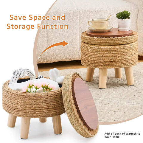 Handwoven Natural Seagrass Storage Ottoman Poufs Round Footrest Stool With 4 Wood Legs Comfy Padded Outdoor Seat Cozy Hidden Storage