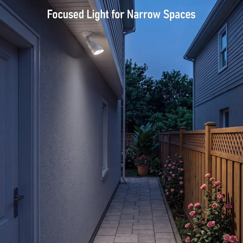 Badass Single Head LED Security Flood Light Wall Mount 10W 5000K White 1000 Lumens for narrow yard space illuminating flowers.