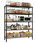 Heavy Gauge Five Tier Carbon Steel Shelving Rack With Reinforced Mesh Panels And Self Leveling Feet Built Damn Tough To Handle Any Bulk Material For Garage Shop Or Kitchen Space filled with jars and kitchen appliances.