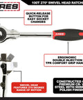 100 Tooth Swivel Head Ratchet Set for Heavy Duty Jobs with ergonomic handle and 270-degree swivel, chrome vanadium steel.
