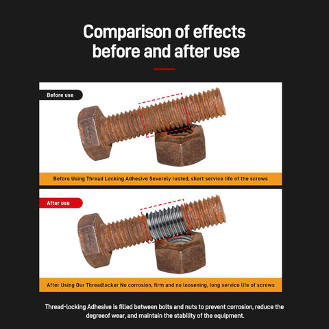 Orange high-temp threadlocker on bolt and nut; before-and-after rusted vs sealed threads