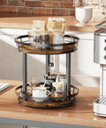 Top Tier Heavy Duty Rustic Lazy Susan Turntable With Smooth Spin Rotating Spice Rack And Reinforced Metal Frame Sturdy Pantry Seasoning Organizer For Kitchen Cabinet Setup displaying spices and jars on a wooden and metal structure.