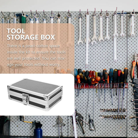 Rugged As Nails Portable Aluminum Tool Box With Secure Locking Lid And Impact Resistant Carry Case, shown on workbench.