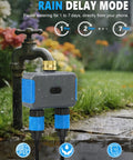 2 Zone WiFi Sprinkler Timer With App Control, Bluetooth Hose Timers showing Rain Delay Mode feature in outdoor garden setup